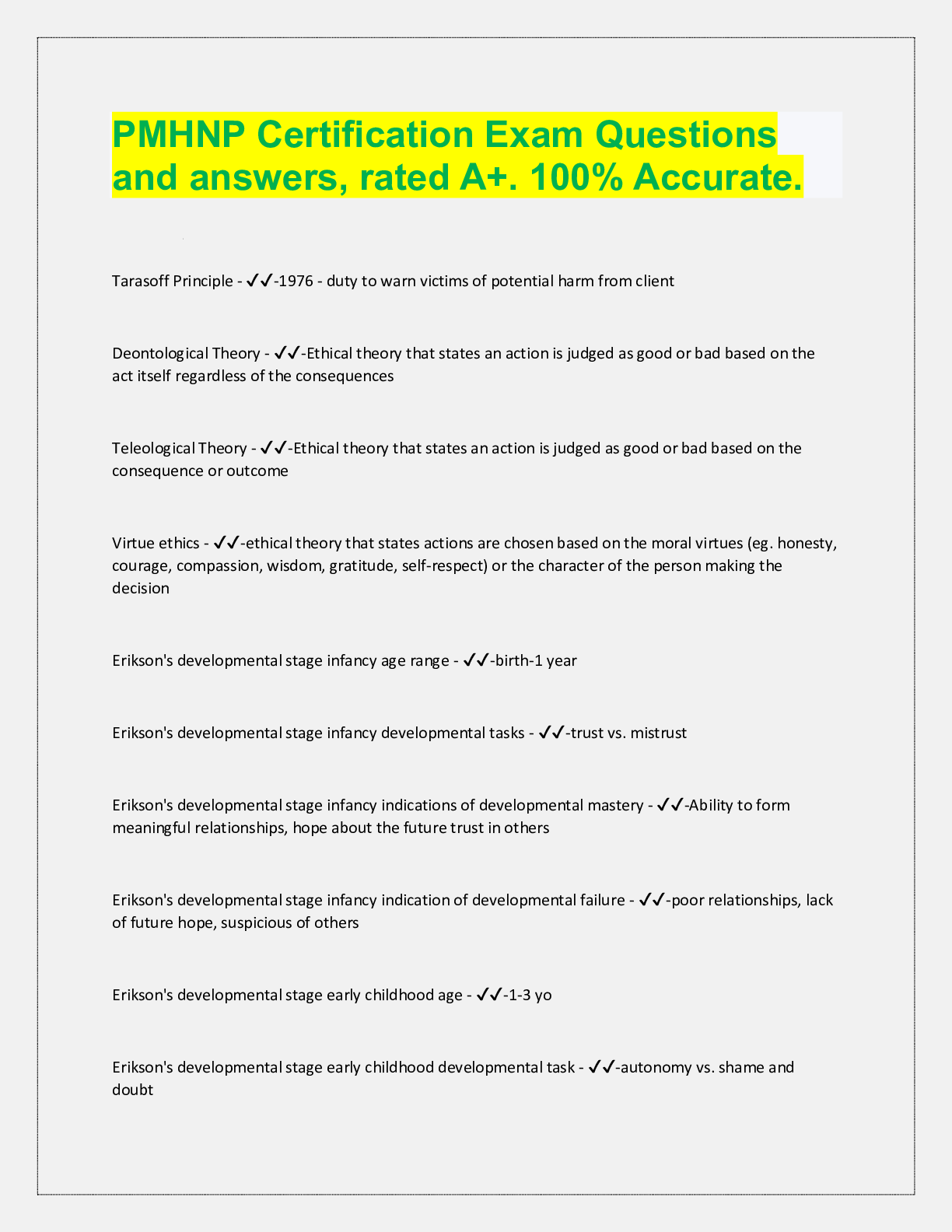 Preview image for PMHNP Certification Exam Questions  and answers, rated A+. 100% Accurate. Tarasoff Principle - ✔✔-1976 - duty to war